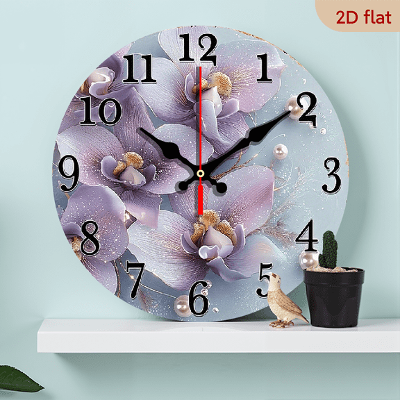 2D Flat 1pc 10Inch Lavender Orchid Floral Wall Clock - Silent, Non-Ticking Wooden Round Clock with Roman Numerals for Dining Room, Hallway, Study, Home Office, Balcony