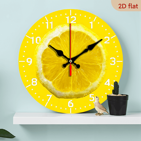 2D Flat 1pc 10Inch Lemon Slice on Yellow Background Artificial Wood Wall Clock - Silent Battery Operated, Artistic Home Decor for Room, Kitchen, Living Room, Lemon Decor, Bedroom Tim