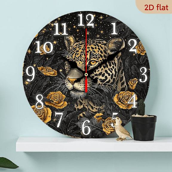 2D Flat 1pc 10Inch Leopard Portrait Wall Clock Non Ticking Wooden, Circular Design with Golden Roses, Ideal for Living Room, Bedroom, Kitchen, Entryway, Office