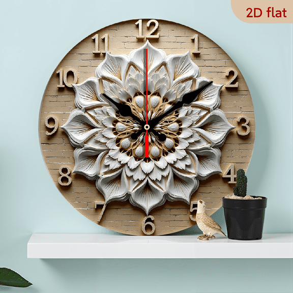 2D Flat 1pc 10Inch Mandala Flower 2D Silent Wall Clock, Round Wooden Boho Chic Decor for Living Room, Bedroom, Office Kitchen Home Decor Day Spring Gift Farmhouse Wall Decor
