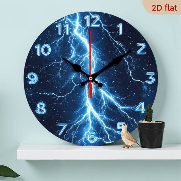 2D Flat, 1pc 10Inch Modern Blue Wooden Wall Clock with Lightning Bolt Hands - Silent Non-Ticking Quartz Movement, Japanese Mechanism, Round Black Blue Face, White Numbers - Battery Not Included -