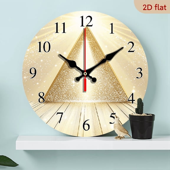 2D Flat 1pc 10Inch Modern Golden Triangle Trophy Design Wooden Wall Clock - Analog, No Tick-Tock Sound, Ideal for Living Room, Bedroom, Kitchen, Office Decor - Modern Home Art
