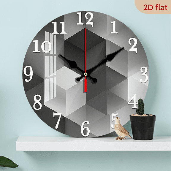2D Flat 1pc 10Inch Modern Minimalist Large Face Non Ticking Wooden Wall Clock Black White Abstract Geometric Design with HD Glossy Lamination Finish, Easy to Read Large Numerals, Battery Powered