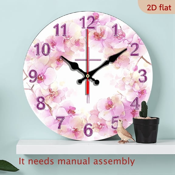 2D Flat 1pc 10Inch Modern Minimalist Pink Floral Round Wall Clock - White Face with Black Hands Red Second Hand, Silent Non-Ticking Japanese Quartz Movement, Battery-Powered (AA Battery Not Incl