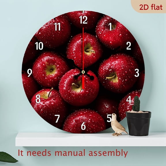 2D Flat 1pc 10Inch Modern Minimalist Round Wall Clock - Red Apples on Black Background, Silent Non-Ticking Japanese Quartz Movement, Wooden-like appearance (Wood Construction) - Battery-Powered