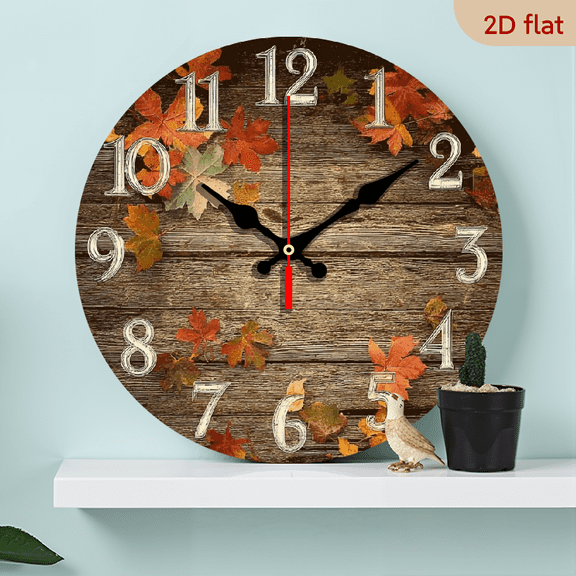 2D Flat 1pc 10Inch Modern Rustic Wooden Wall Clock with Autumn Maple Leaf Design - Silent Non-Ticking, Digital Display, Battery Operated (AA Not Included) - Home Decor, Holiday Gift