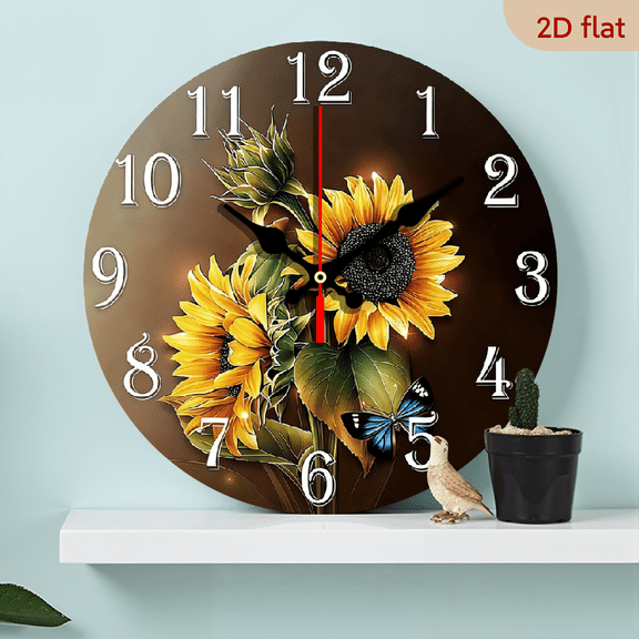 2D Flat 1pc 10Inch Modern Sunflower Wooden Wall Clock - Silent, Battery Operated, Ideal for Living Room, Bedroom, Kitchen, Office Decor - 25cm - No Battery Included, Clock Wall Decor