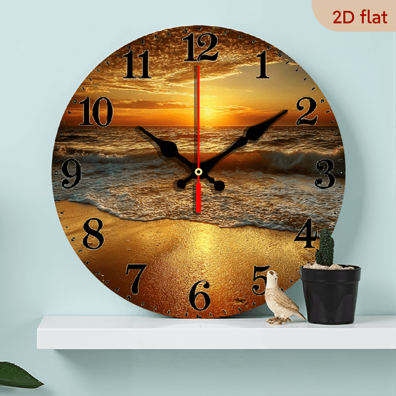 2D Flat 1pc 10Inch Modern Wooden Wall Clock with Sunset Beach Design - Silent Quartz Movement, Round Analog Clock for Living Room or Bedroom Decor, Battery Operated (AA Not Included)