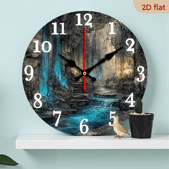 2D Flat 1pc 10Inch Mystical Cave Blue Waterfalls Design Wooden Wall Clock - Non-Ticking Silent Quartz Movement, Round Shape (AA Not Included) for Bedroom, Living Room