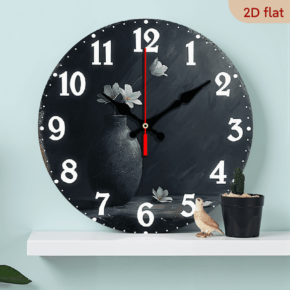 2D Flat 1pc 10Inch Non Ticking Silent Quartz Wooden Wall Clock Dark Still Life with White Floral Design, Round Battery Operated (AA Not Included) for Living Room, Bedroom, Kitchen Decor