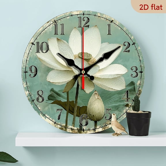 2D Flat 1pc 10Inch Non-Ticking Silent Quartz Wooden Wall Clock - for Lotus Flower Green Leaves Design, Mint-Green Background, 20cm, AA Battery Operated (Not Included) for Home Office Kitchen Living