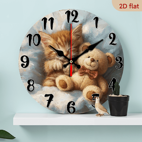 2D Flat 1pc 10Inch Non Ticking Silent Wall Clock Cute Sleeping Kitten Teddy Bear with Pastel Blue Background Wooden Frame Battery Powered (AA Battery Not Included) for Living Room, Nursery