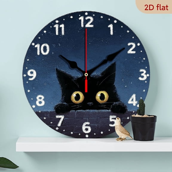 2D Flat 1pc 10Inch Non-Ticking Silent Wooden Wall Clock with Black Cat Eyes Night Design - 25cm Round Battery Operated (AA Not Included) for Living Room, Bedroom, Kitchen, Office - Home Decor Gift