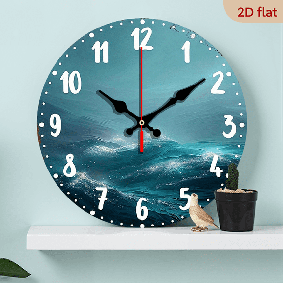 2D Flat 1pc 10Inch Non Ticking Wooden Wall Clock with Abstract Ocean Waves Sparkles Design 254cm Sizes, Perfect for Dining Room, Hallway, Study, Home Office, Balcony Decor (AA Battery Not Included