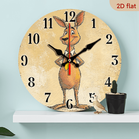 2D Flat 1pc 10Inch Non-Ticking Wooden Wall Clock with Cartoon Kangaroo Design Rustic Circular Battery Operated Clock for Living Room, Bedroom, Office ( AA Battery Not Included), Hallway Timepi