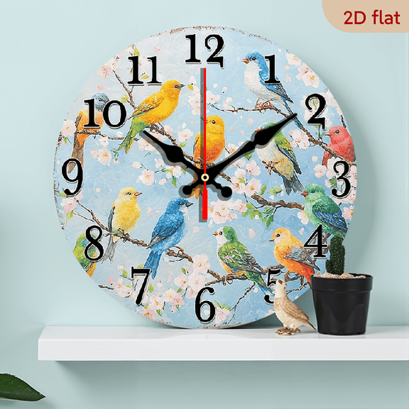 2D Flat 1pc 10Inch Non Ticking Wooden Wall Clock Colorful Birds on Blossoming Branches Design, Round Battery Operated (AA Not Included) for Kitchen, Home Office, Library, Hallway, Apartment Decor