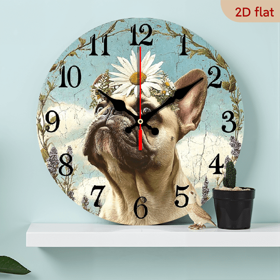 2D Flat 1pc 10Inch Non-Ticking Wooden Wall Clock - French Bulldog with Floral Crown Design, Circular Battery Operated (AA Not Included) for Bedroom, Living Room, Dining, Hallway, Study Hallway