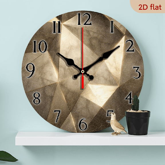 2D Flat 1pc 10Inch Non-Ticking Wooden Wall Clock - Geometric Marble Design, Golden Black Modern Minimalist, Battery Operated (AA Not Included) for Living Room, Kitchen, Office, Bedroom Decor