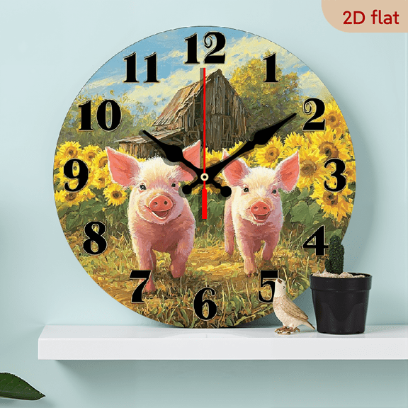 2D Flat 1pc 10Inch Non Ticking Wooden Wall Clock Rustic Farm Scene with Pigs Sunflowers, Circular Battery Operated (AA Not Included) for Living Room, Bedroom, Kitchen, Office Bedroom Decor