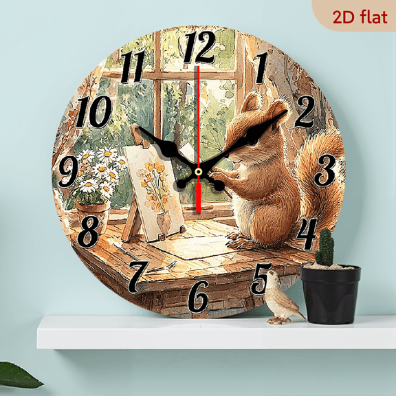 2D Flat 1pc 10Inch Non-Ticking Wooden Wall Clock - Rustic Squirrel Painting Flowers Design, Circular Battery Operated (AA Not Included) for Kitchen, Bedroom, Living Room, Stairwell, Laundry Room