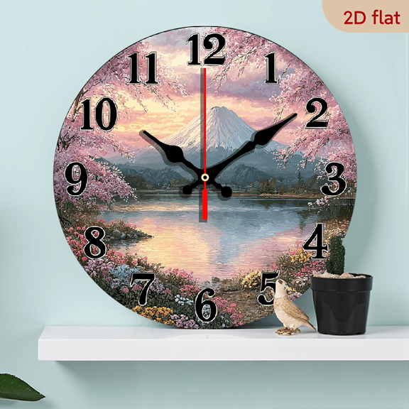 2D Flat 1pc 10Inch Non-Ticking Wooden Wall Clock - Serene Lake Cherry Blossoms Mount Fuji Design, Battery Operated (AA Not Included) for Living Room, Bedroom, Office, Balcony Decor, Home Decor