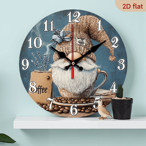 2D Flat 1pc 10Inch Non-Ticking Wooden Wall Clock - Whimsical Gnome with Coffee Cup Beans Design, Rustic Circular Clock for Kitchen, Home Office, Living Room, Bedroom, (AA Battery Not Included)