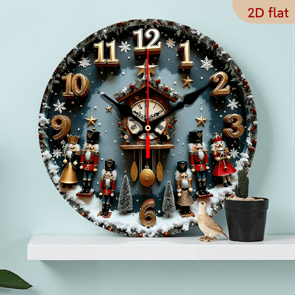 2D Flat 1pc 10Inch Nutcracker Christmas Wooden Wall Clock - Silent Swiss Quartz Movement, Round Mechanical Clock with Auto-Shut Off, Golden Hands - Artificial, Living Room, Office, Kitchen Decor