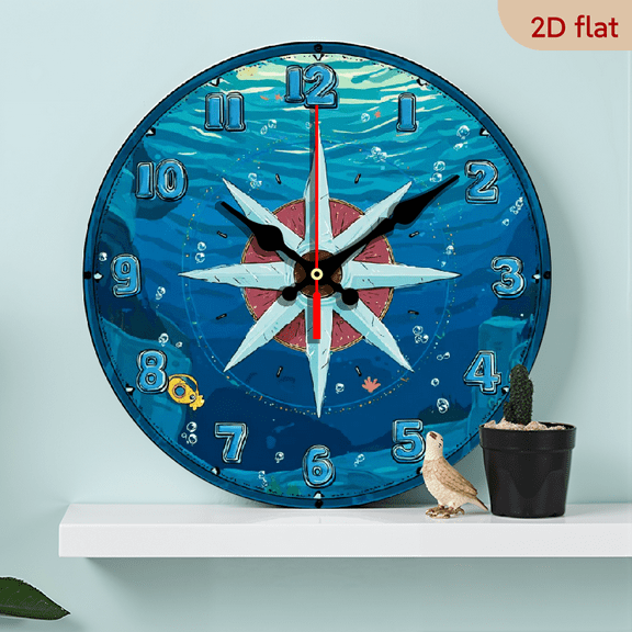 2D Flat 1pc 10Inch Ocean Themed Compass Wall Clock Nautical Decor with Vibrant Blue Waves Compass Rose, Artificial Wood, Battery Operated (AA Not Included) for Indoor Outdoor Use in Terraces