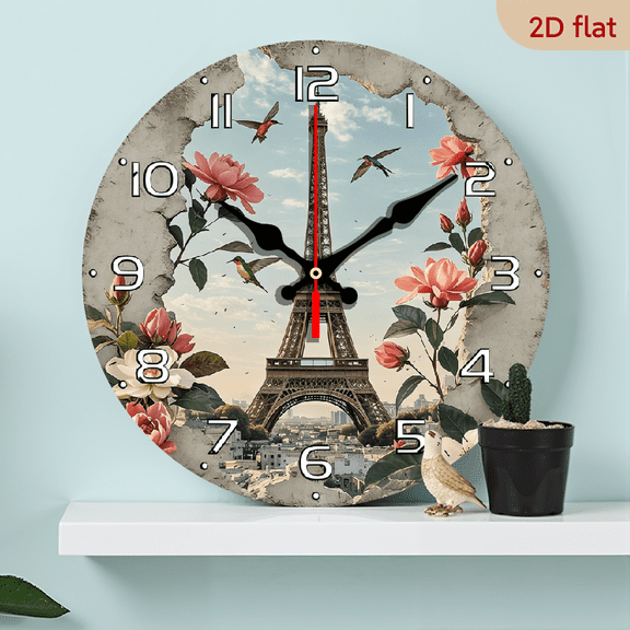 2D Flat 1pc 10Inch Paris Eiffel Tower French Floral Wall Clock - Round Vintage Bohemian Wood Timepiece with Quartz Movement, French Numbers (1-12), Pink Roses Green Foliage Design for Living Room,