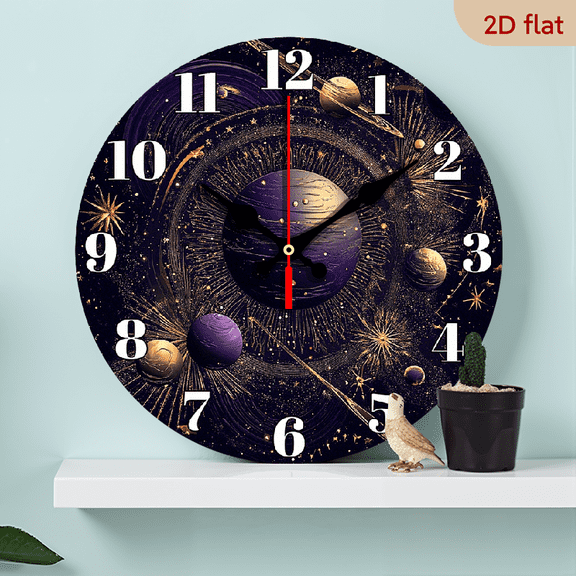 2D Flat 1pc 10Inch Purple Cosmic Planets and Stars Wooden Wall Clock, Fantasy Theme Silent Wall Clock, Suitable for Living Room, Bedroom, Kitchen, Office Decoration, Modern Home Art Decoration