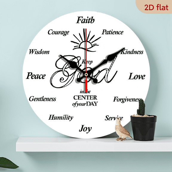 2D Flat 1pc 10Inch Put God First Christian Church Wall Clock Large Silent Non Ticking Quartz Clock with Bible Verses (Faith, Love, Forgiveness), Artificial Wood Frame Religious Home, Office
