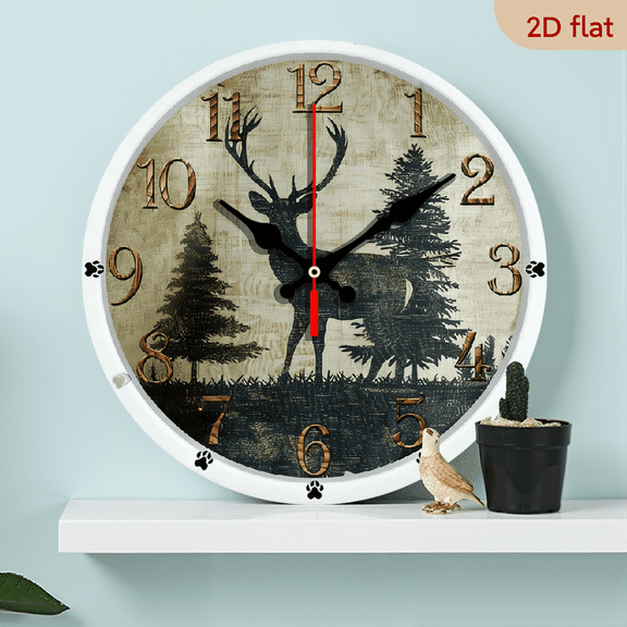 2D Flat 1pc 10Inch Putuo Decor Round Wall Clock Wooden Hanging Decoration with Deer and Pine Tree Elements, Wall Art Decor for Home Farmhouse Living Room Studio Pub Club Cafe Coffee Shop Office