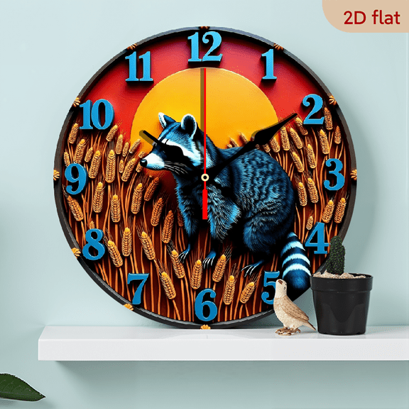 2D Flat 1pc 10Inch Raccoon Wall Clock Wooden Round Room Decor with Cute Raccoon Corn Stalks Design, Large Blue Hands Numbered Face for Easy Read Time Rustic Farmhouse Style, Happy Halloween