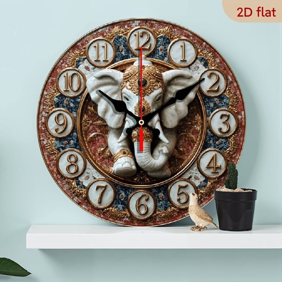 2D Flat 1pc 10Inch Relief Style Wooden Silent Wall Clock with Elephant Design Roman Numerals, Golden Accents Marbled Background, Battery Operated (AA Not Included) for Indoor Outdoor Deco