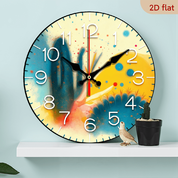 2D Flat 1pc 10Inch Retro Modern Minimalist Cactus Wall Clock with Vibrant Multicolor Splash Face, Quartz Movement, Silent Non Ticking, Round Wooden Frame (Beige Gray Brown Yellow) Battery Powered