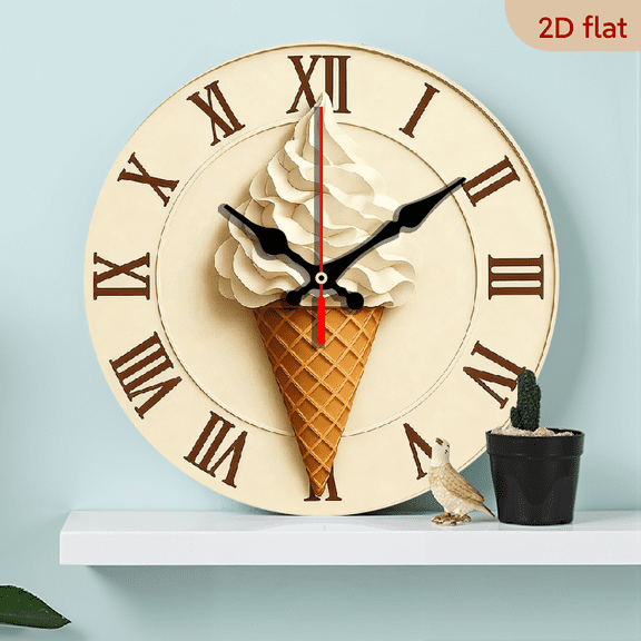 2D Flat 1pc 10Inch Retro ice cream wooden Wall Clocks, Wooden Frame, Perfect for Home, Kitchen, Pool or Bathroom Decor, Home Wall Decoration, Vibrant Artwork Clock, Fine Craftsmanship