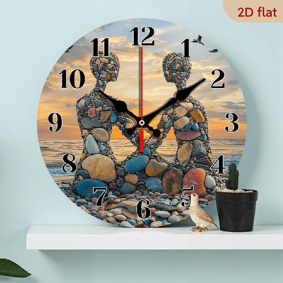 2D Flat 1pc 10Inch Romantic Couple Wall Clock Silent Non Ticking Anniversary Gift with Coastal Pebble Pathway Design, Battery Powered (AA Not Included) Wooden like rim for Living Room Kitchen