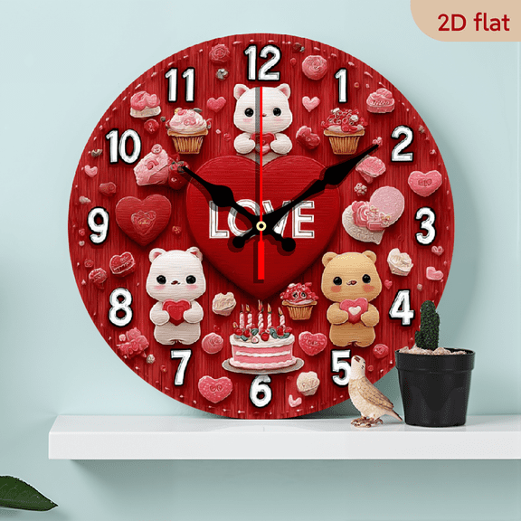 2D Flat, 1pc 10Inch Romantic Pink Love Heart Wall Clock with Cat Candle Cake Design - Silent Analog Wood Round Clock Suitable for Living Room, Bedroom,, Valentine's Day, Birthday Gift - Modern Sho