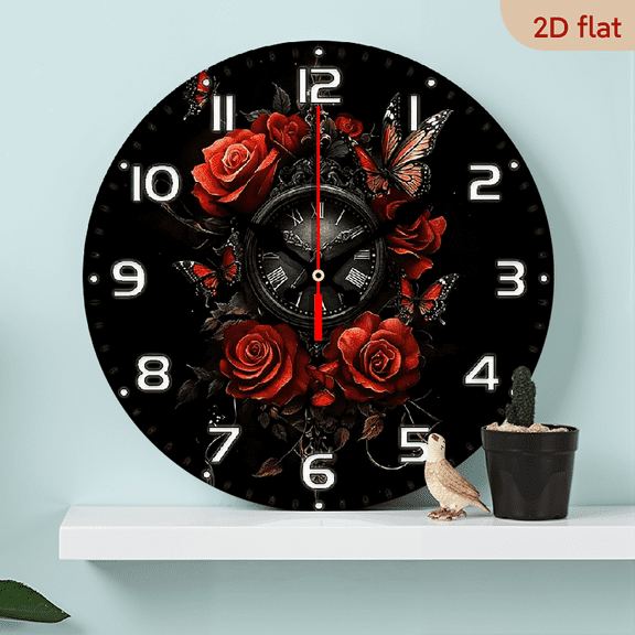 2D Flat, 1pc 10Inch Round Silent Non-Ticking Wall Clock with Floral Canvas Face Wood Veneer Frame - Modern Minimalist Wall Clock Suitable for Living Room, Bedroom, Kitchen, Office - - (Not Include