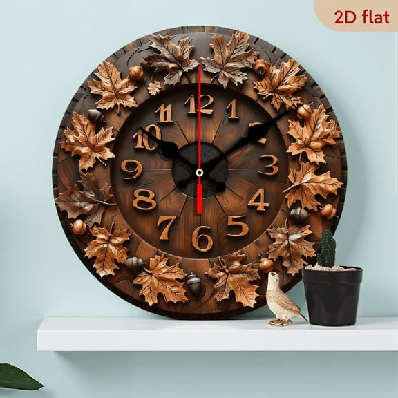 2D Flat 1pc 10Inch Round Silent Wooden Wall Clock - Autumn Acorn Oak Leaves Design, Recycled Wood, Quartz Movement, Battery Operated (AA Not Included) Rustic Home Decor for Bedroom, Office, Dorm