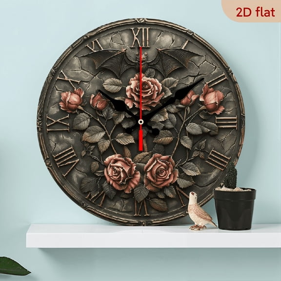 2D Flat 1pc 10Inch Round Silent Wooden Wall Clock - Gothic Vampire Bat Rose Design with Roman Numerals, Recycled Wood, Quartz Movement, Battery Operated (AA Not Included) - Halloween Home