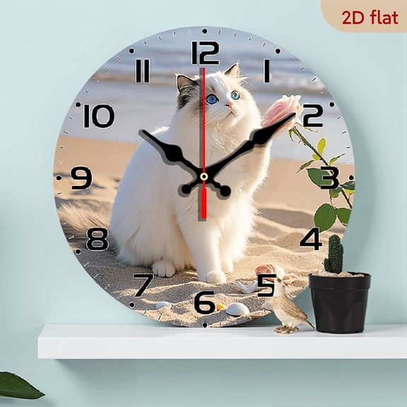 2D Flat 1pc 10Inch Round Wall Clock, Adorable Cat Clock, Silent Wooden Clock, Suitable for Bedroom, Living Room, Office, Kitchen, Bathroom, Battery Powered (Battery Not Included)
