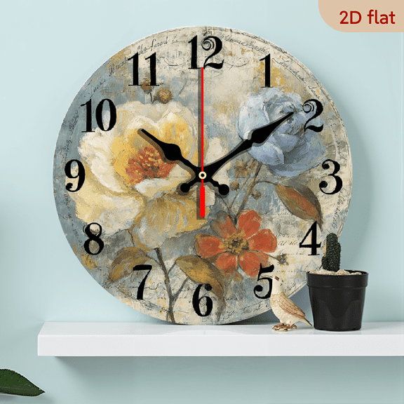 2D Flat, 1pc 10Inch Round Wooden Wall Clock with Floral Design - Silent Non-Ticking Japanese Quartz Movement, Large Hands Face, Pink Flower Pattern, Green Foliage - Battery-Powered (AA Battery Not