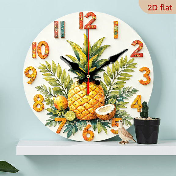 2D Flat, 1pc 10Inch Round Wooden wall clock with pineapple fruit theme, tropical fruit design, silent non-ticking movement, suitable for home decor or gift-giving, AA Battery not included