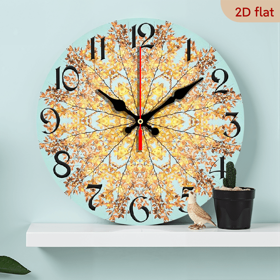 2D Flat, 1pc 10Inch Rustic Farmhouse Autumn Leaves Wooden Wall Clock - Silent Quartz Movement, AA Battery Operated, 2D Flat Design for Kitchen, Bedroom, Living Room, Office Decor, Clock Wall Decor