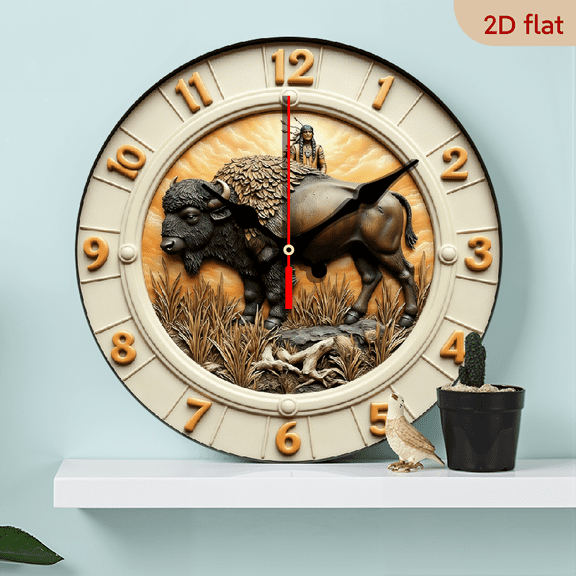 2D Flat, 1pc 10Inch Rustic Farmhouse Buffalo Wall Clock - Round Wooden Frame with Buffalo Head Antlers Design, Silent Non-Ticking Japanese Quartz Movement, Easy-to-Read Black Hands, Battery-Powere
