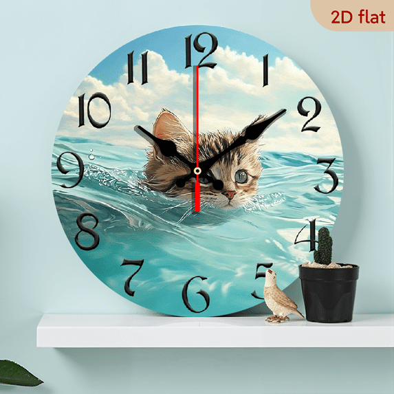 2D Flat, 1pc 10Inch Rustic Farmhouse Cat Swimming Wooden Wall Clock ...