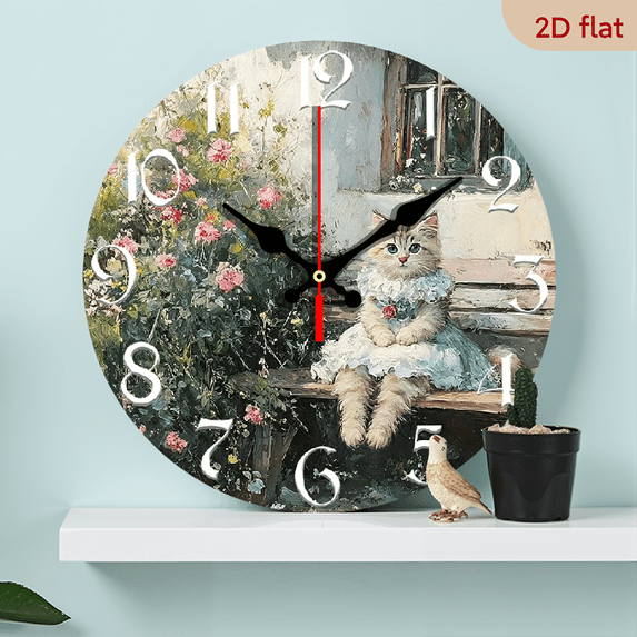 2D Flat, 1pc 10Inch Rustic Farmhouse Cat Wall Clock - Silent Quartz Movement Wooden Round Clock with Adorable Kitten in Floral Dress Roses Design, Perfect for Kitchen Bedroom Living Room Bathroom