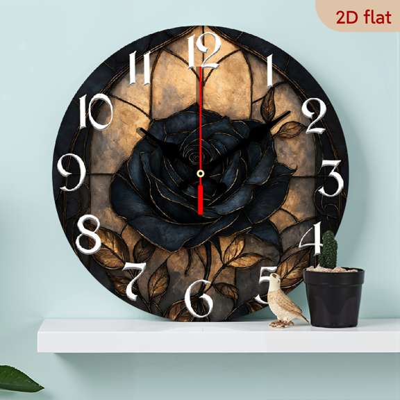 2D Flat, 1pc 10Inch Rustic Farmhouse Dark Rose Golden Wooden Wall Clock with Stained Glass Rose Design - Silent Quartz Movement, AA Battery Operated (Not Included) for Kitchen, Bedroom, Living Roo