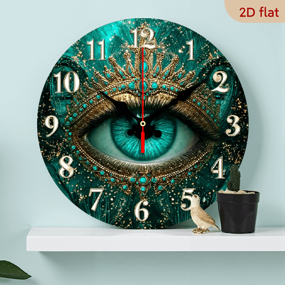2D Flat, 1pc 10Inch Rustic Farmhouse Emerald Eye Wooden Wall Clock - Silent Quartz Movement, Vibrant Teal Golden Design, Perfect for Kitchen, Bedroom, Living Room, or Bathroom Decor, Workspace or